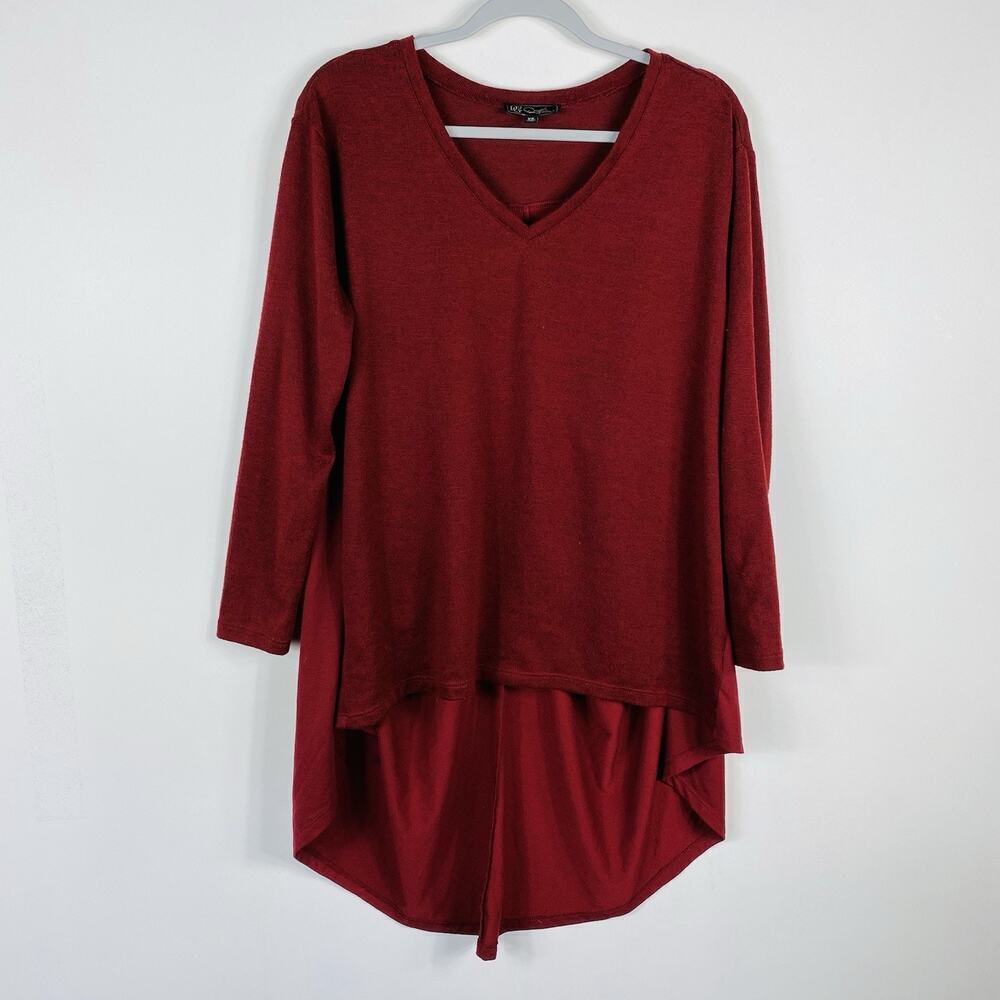 Diane Gilman DG2 Size XS Mixed Media High-Low Long Sleeve Tunic Top Red